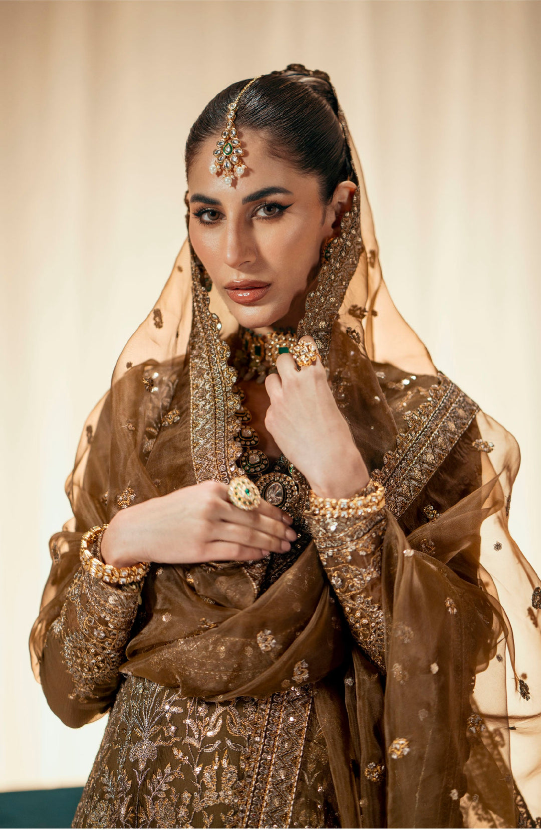 Shop Golden Embroidered Pakistani Wedding Dress Angrakha Frock Sharara