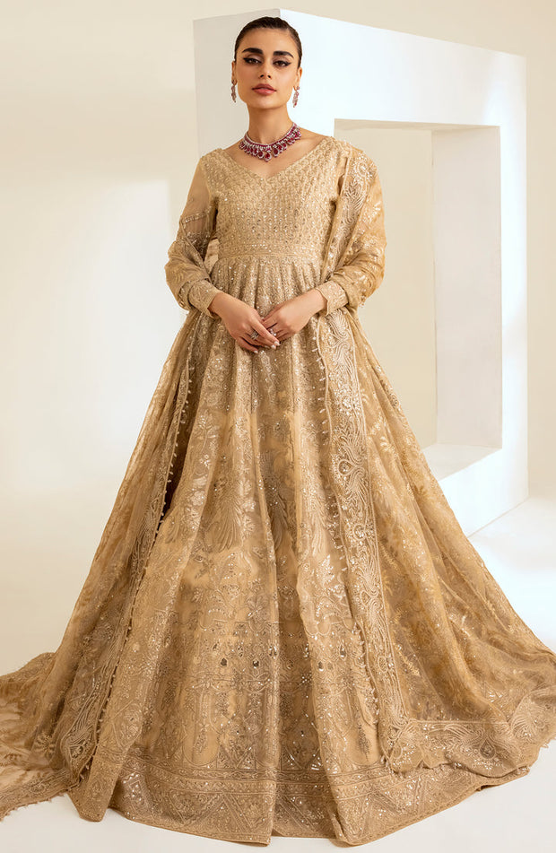 Shop Golden Embroidered Pakistani Wedding Dress Heavy Flare Pishwas