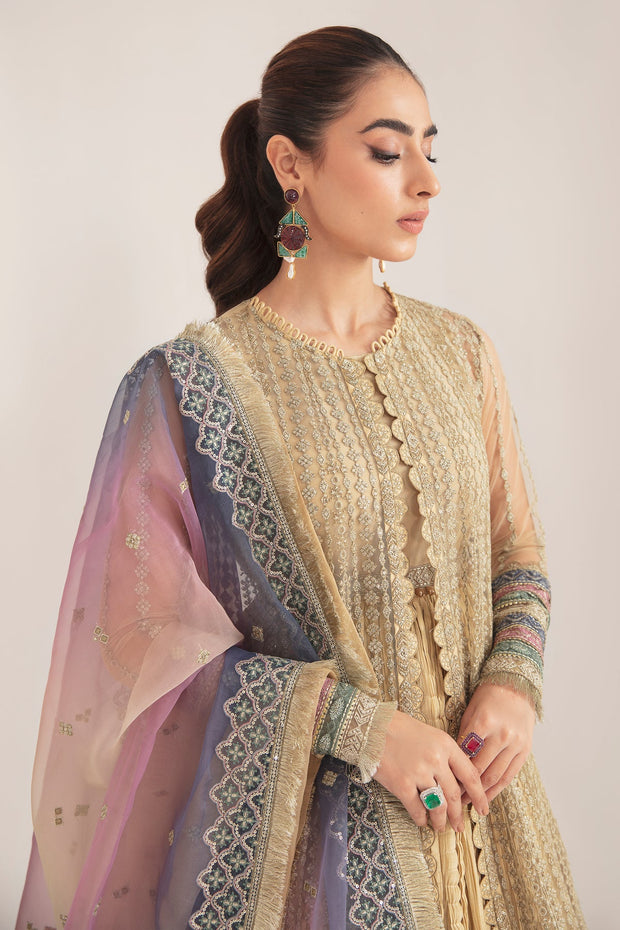 Shop Golden Heavily Embroidered Pakistani Huge Flared Frock with Dupatta