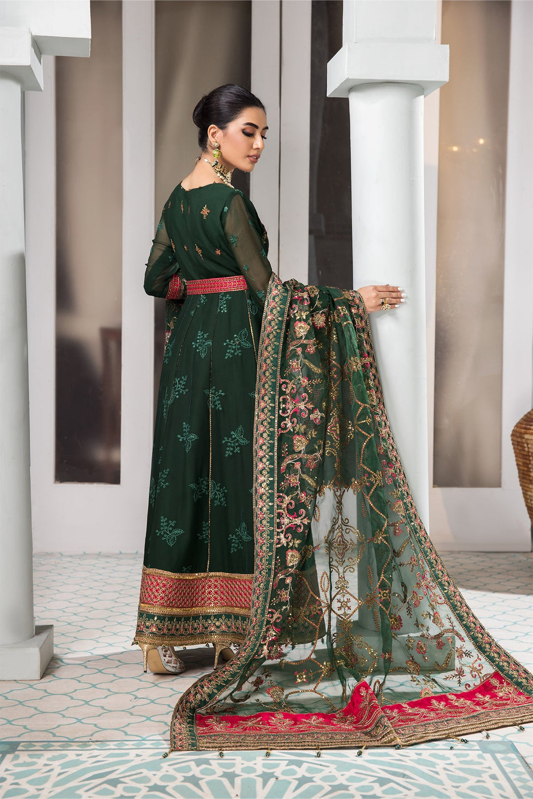 Shop Heavily Embellished Bottle Green Pakistani Pishwas Wedding Dress 2023
