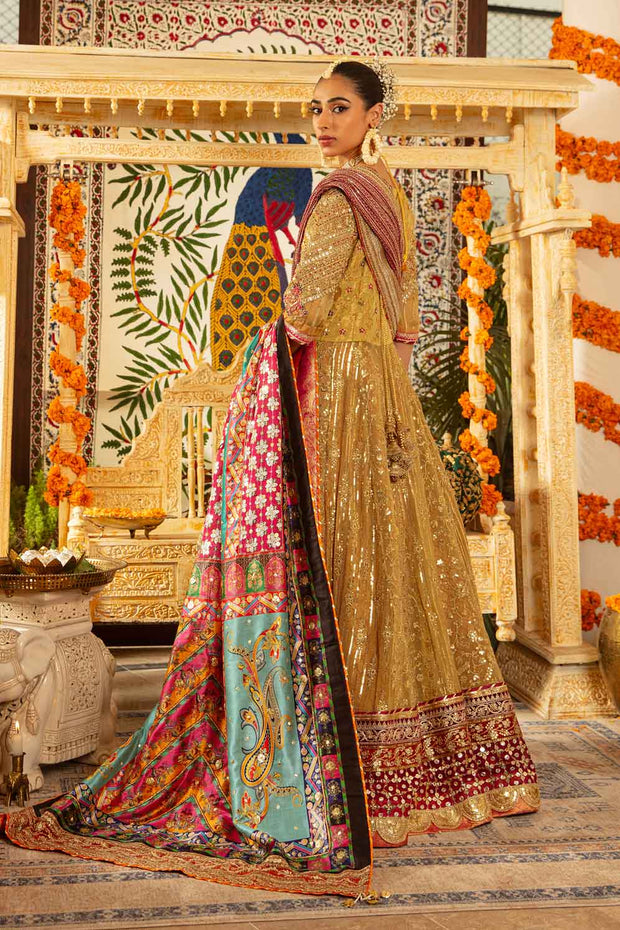 Shop Heavily Embellished Golden Pakistani Wedding Dress Pishwas Frock