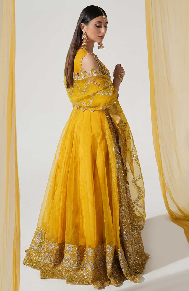 Shop Heavily Embroidered Yellow Pakistani Frock Mehndi Wedding Dress