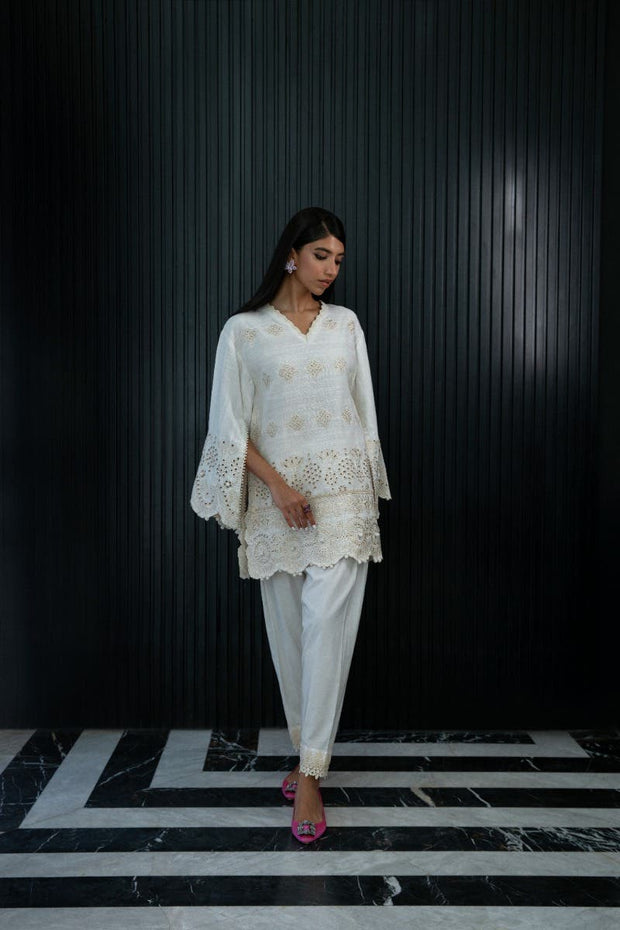 Shop Ivory Embroidered Chikan Kari Luxury Pret Pakistani Salwar Kameez