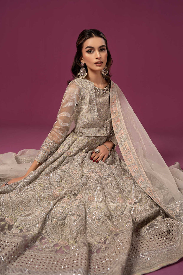 Shop Luxury Silver Shade Maria B Embroidered Pakistani Party Dress