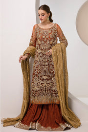 Shop Maroon Long Kameez Pakistani Wedding Dress in Crushed Sharara Style