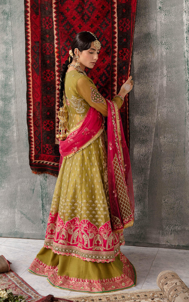 Shop Mehndi Green Embellished Pishwas Style Pakistani Wedding Dress