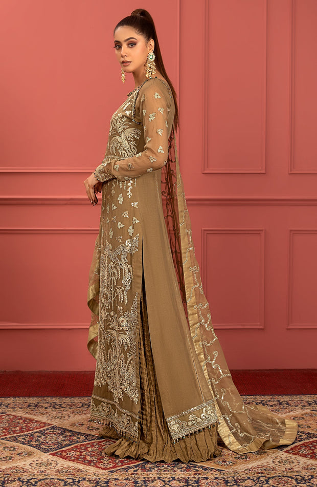 Mendi Brown Heavily Embellished Pakistani Shirt Party Wear Nameera by Farooq