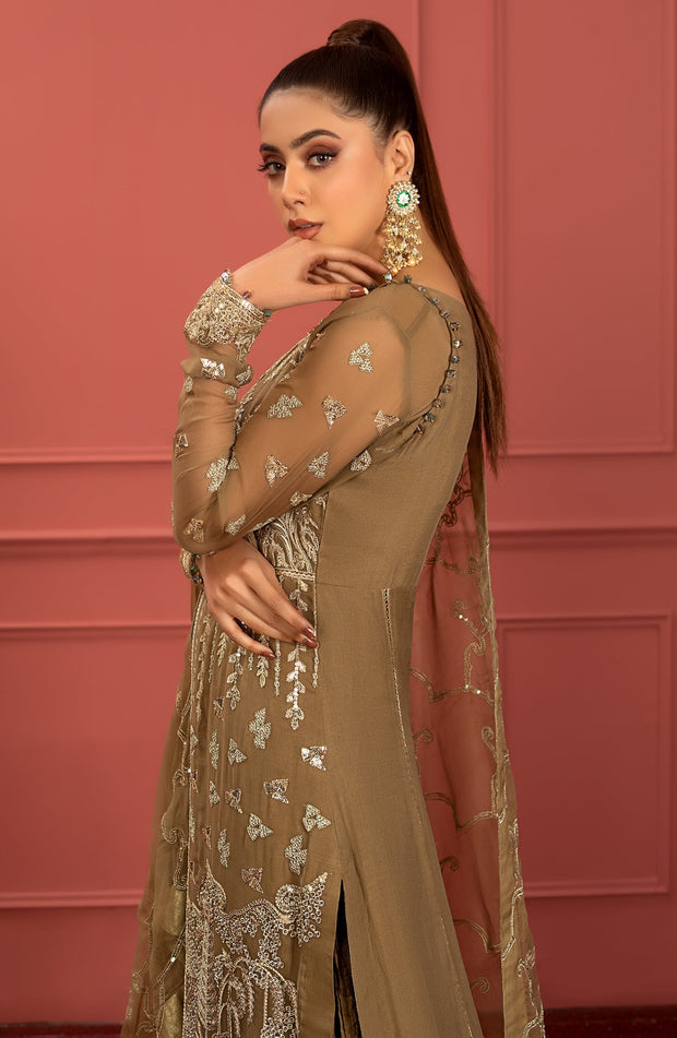 Shop Mendi Brown Heavily Embellished Pakistani Long Shirt Party Wear