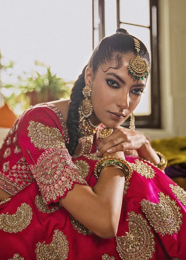 Shop Pakistani Bridal Dress Heavily Embellished Shocking Pink Lehenga Choli