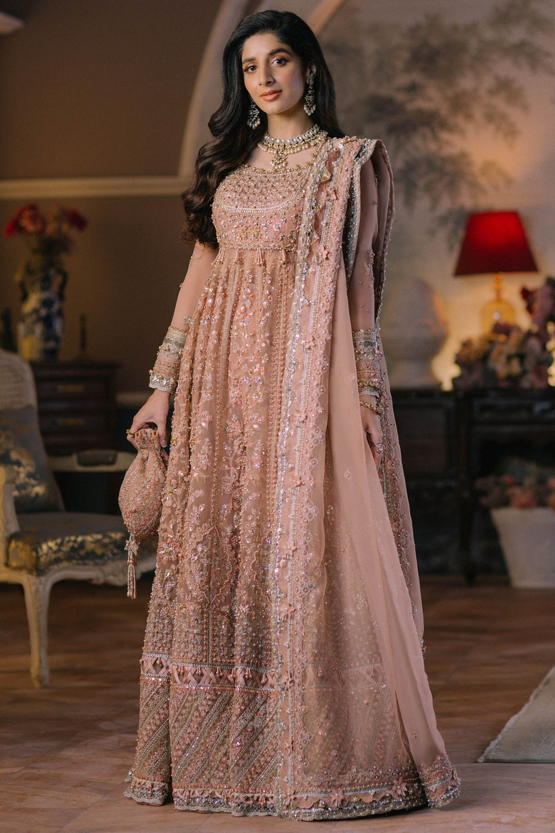 Shop Pakistani Wedding Dress in Pishwas Style Frock in Elegant Beige Color