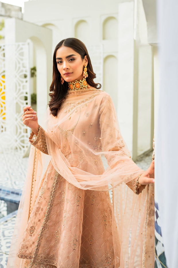 Shop Peach Embroidered Double Layered Pishwas Pakistani Wedding Dress