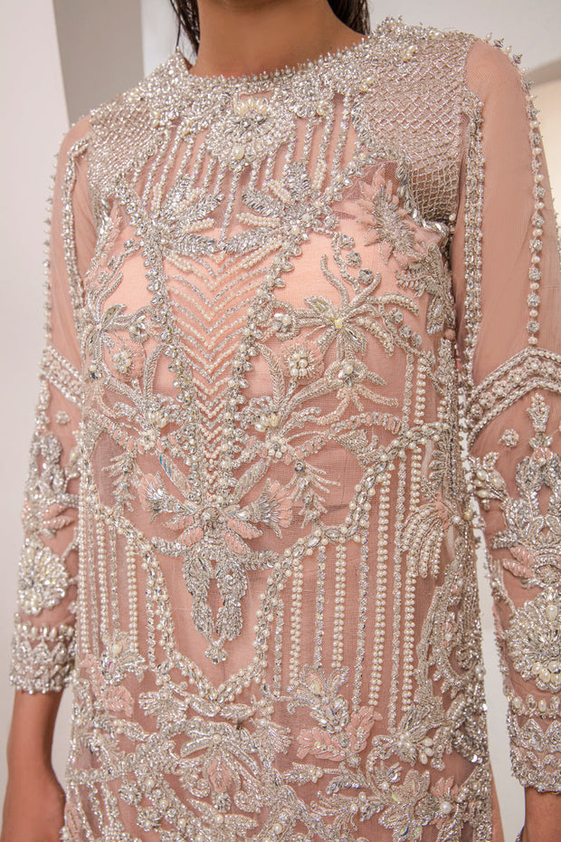Shop Peach Silver Embroidered Pakistani Wedding Dress in Kameez Sharara Style
