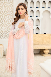 Shop Pearl White Pakistani Embroidered Long Frock with Peach Dupatta 2023