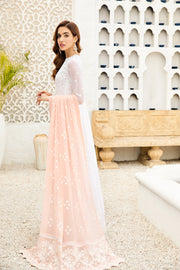 Shop Pearl White Pakistani Embroidered Long Frock with Peach Dupatta