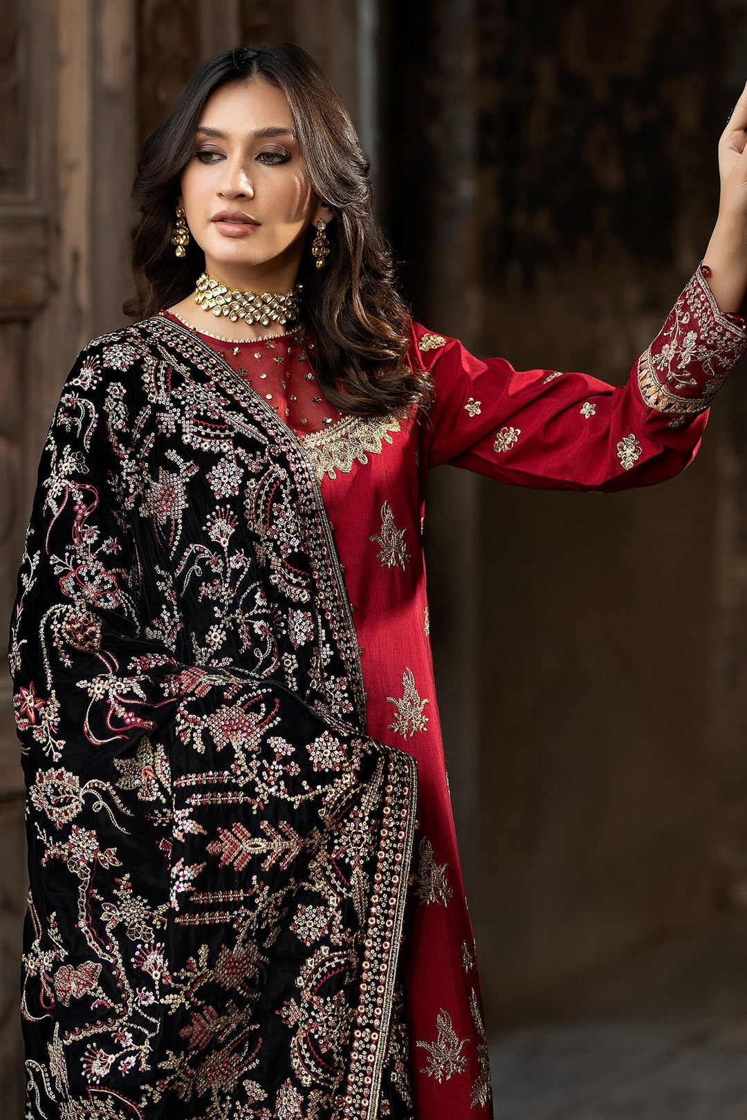 Red Luxury Velvet Black Shawl Pakistani Wedding Dress – Nameera by Farooq
