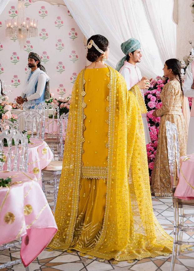 Shop Royal Mustard Gold Embroidered Pakistani Sharara Kameez Party Wear