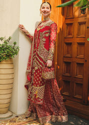 Shop Royal Red Embroidered Pakistani Wedding Dress in Kameez Sharara Style