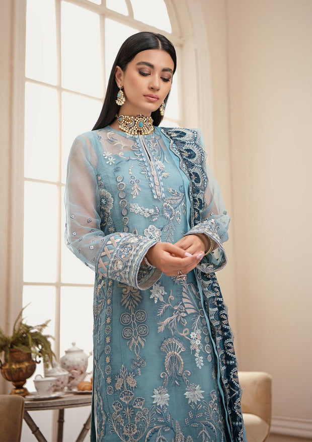 Shop Sky Blue Embroidered Capri Style Pakistani Salwar Kameez Dupatta