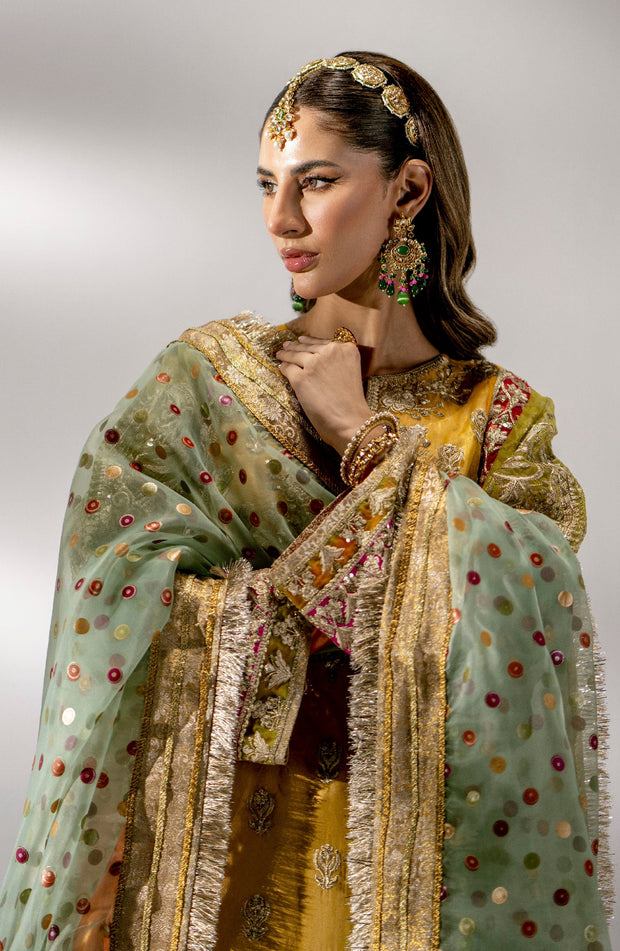 Shop Yellow Pakistani Wedding Dress in Embroidered Kameez Sharara Style