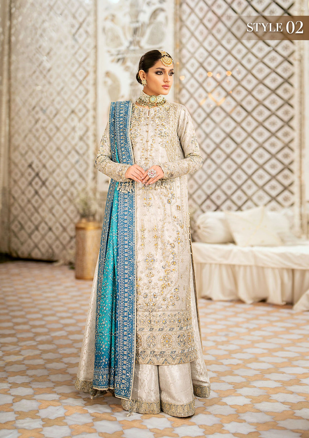 Silver Embellished Gown Style Pakistani Wedding Dress with Crushed Sharara