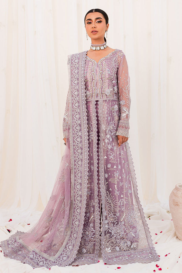 Silver Embroidered Lilac Pakistani Open Gown Style Wedding Dress
