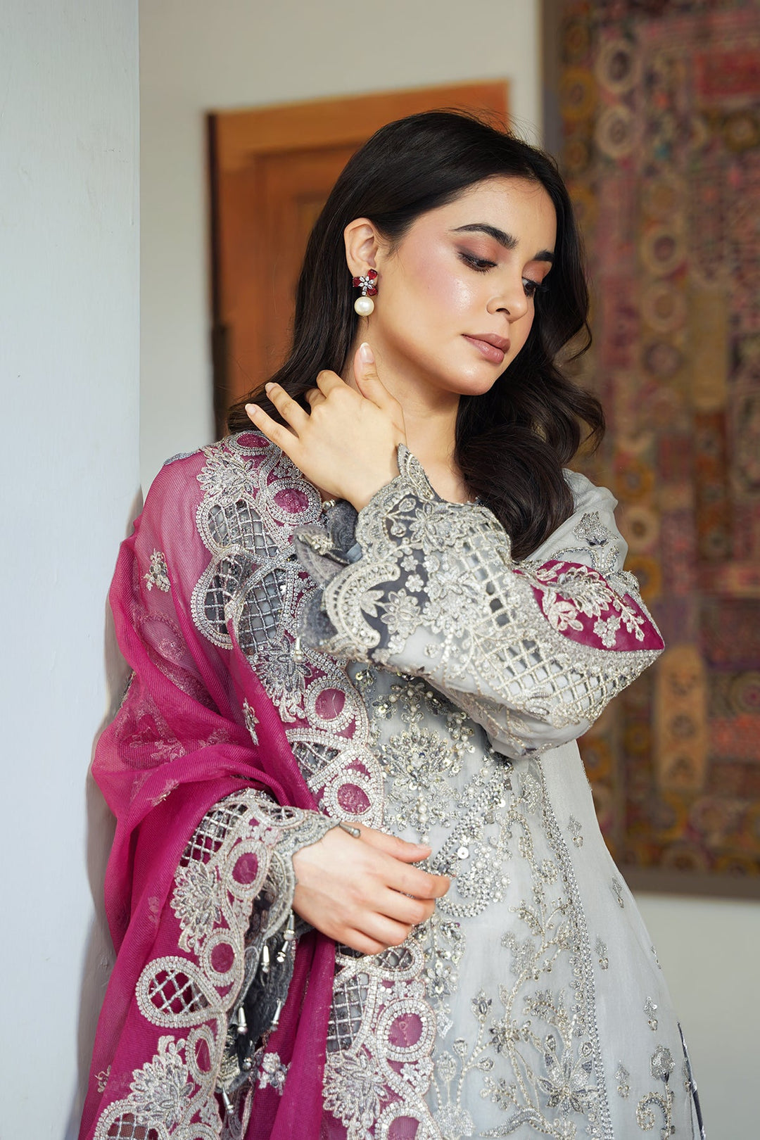 Silver Grey Heavily Embellished Pakistani Kameez with Pink Dupatta