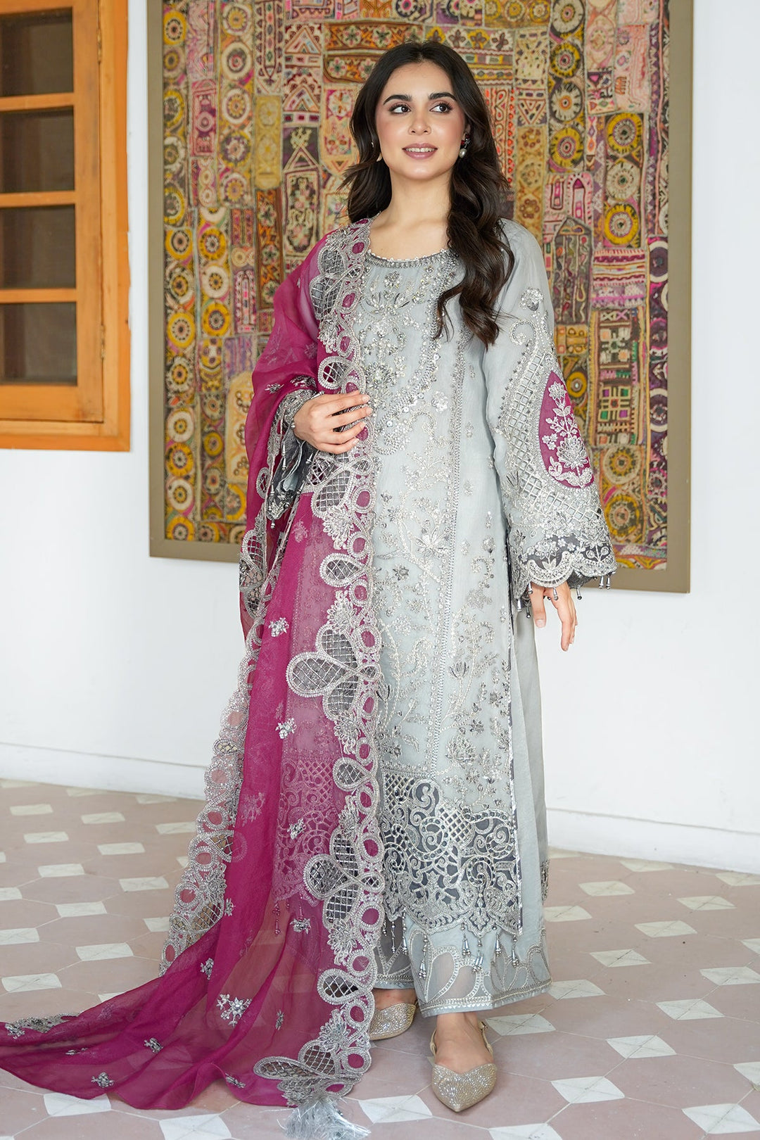 Silver Grey Heavily Embellished Pakistani Salwar Kameez Pink Dupatta