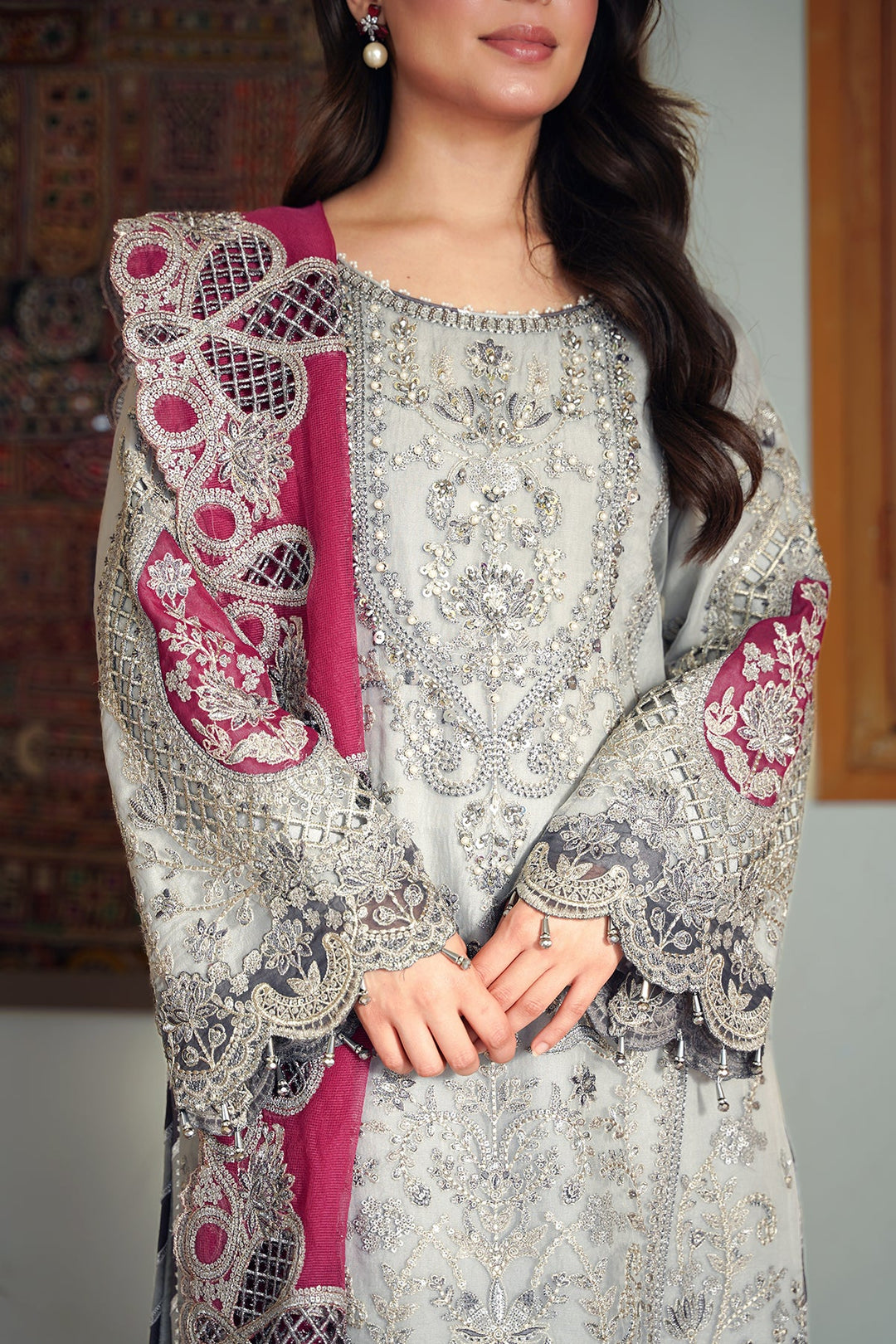 Silver Grey Heavily Embellished Pakistani Salwar Kameez with Dupatta