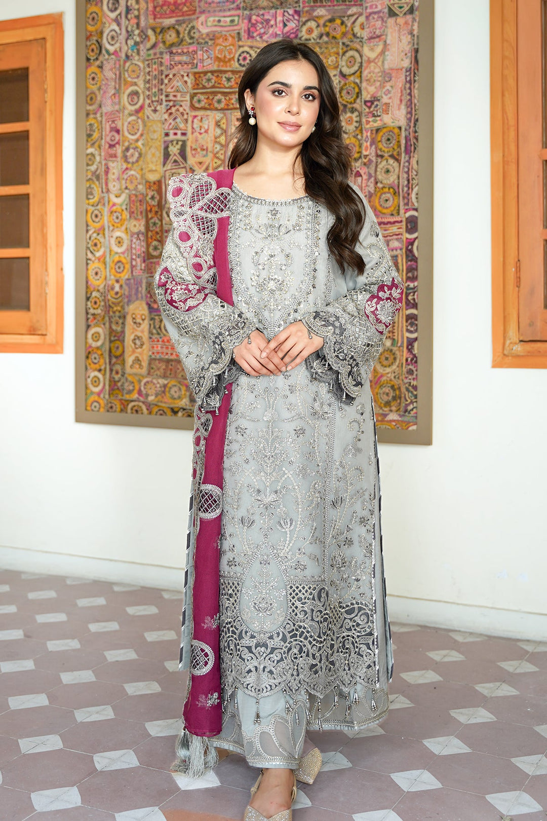 Silver Grey Heavily Embellished Pakistani Salwar Kameez with Pink Dupatta