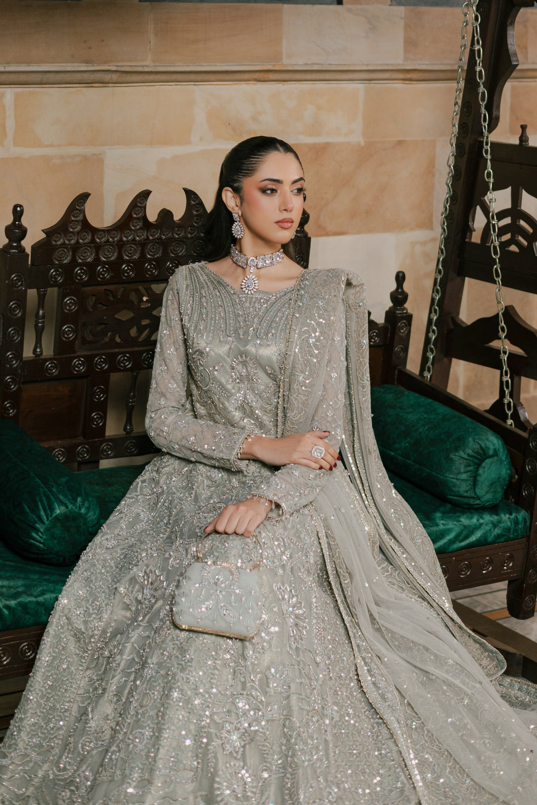 Silver Grey Queen Pakistani Wedding Heavily Embellished Pishwas