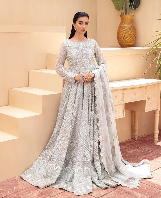 Silver Heavily Embellished Pakistani Wedding Dress in Pishwas Style