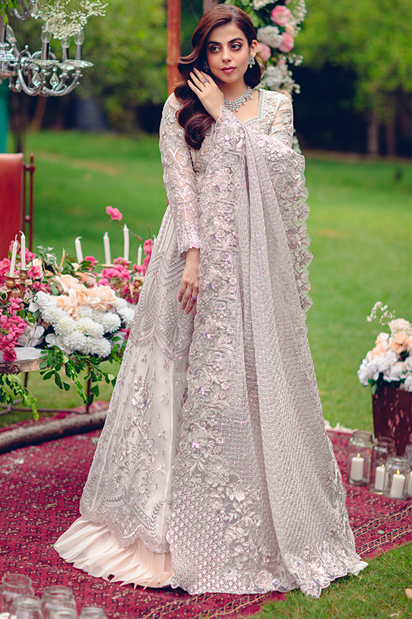 Silver Heavily Embellished Pakistani Wedding Dress in Pishwas Style