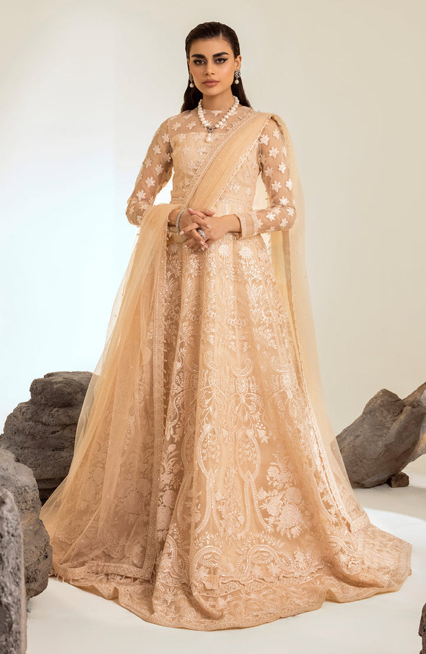 Skin Embroidered Pakistani Wedding Dress in Elegant Pishwas Frock Style