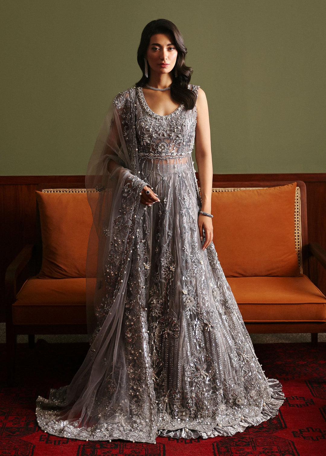 Smokey Grey Pakistani Bridal Dress in Crushed Gharara Style MEDIUM