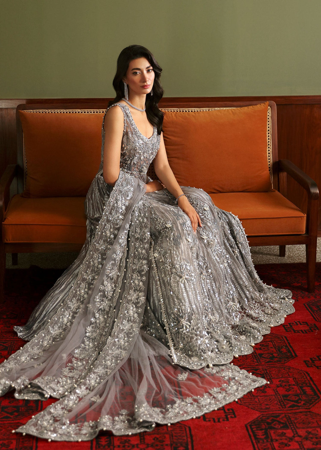 Smokey Grey Pakistani Bridal Dress in Crushed Gharara Style MEDIUM