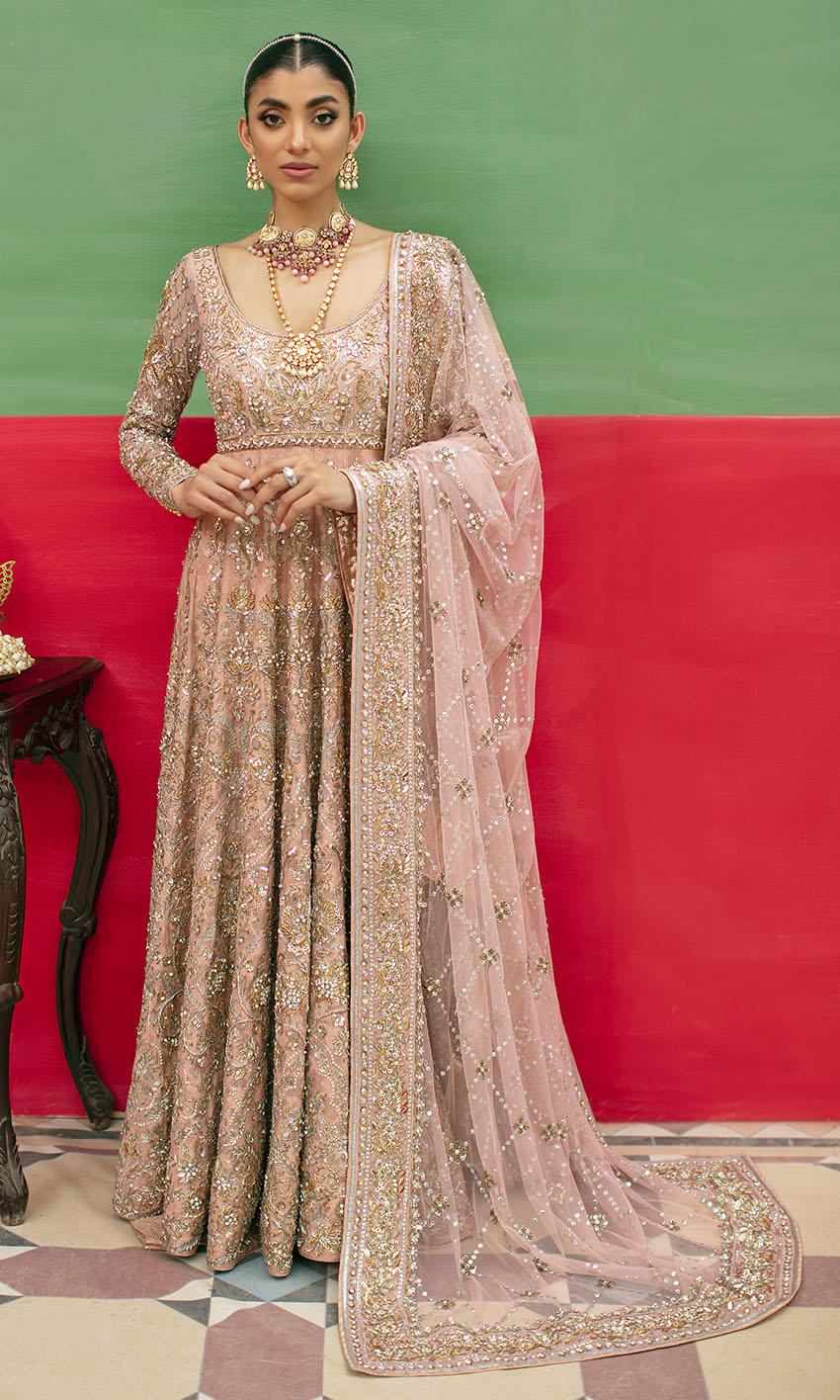 Soft Pink Pakistani Bridal Dress in Pishwas Frock Style