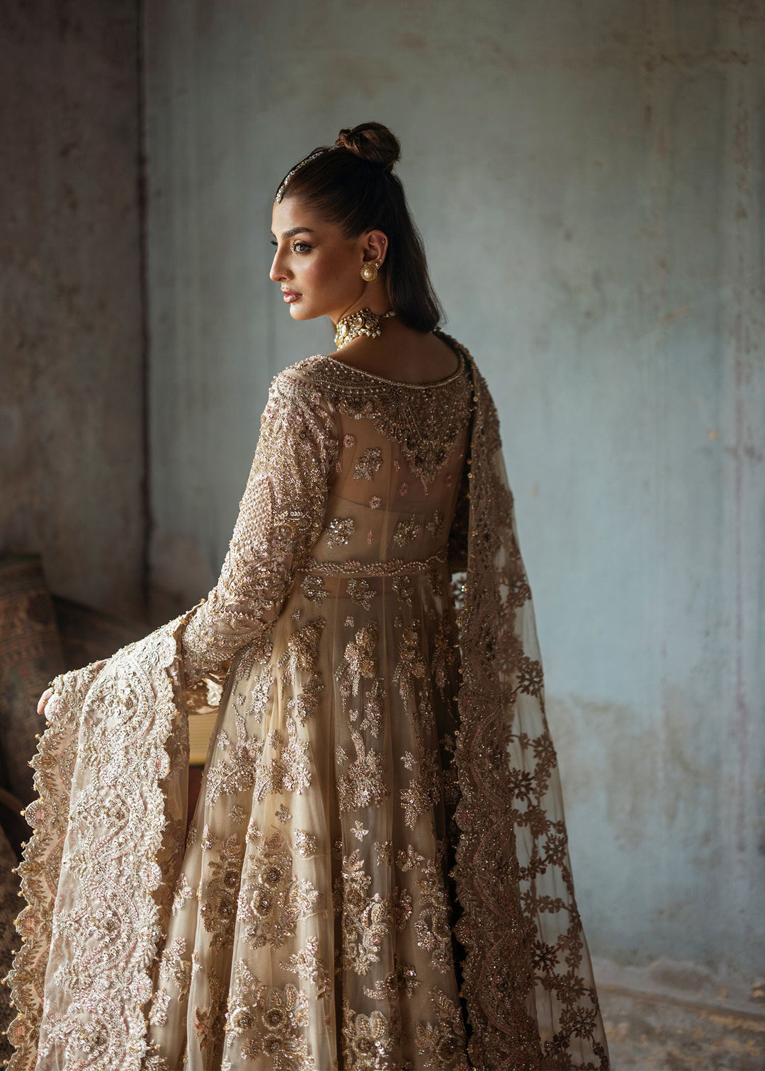Stunning Golden Pakistani Bridal Dress in Gown Lehenga Style