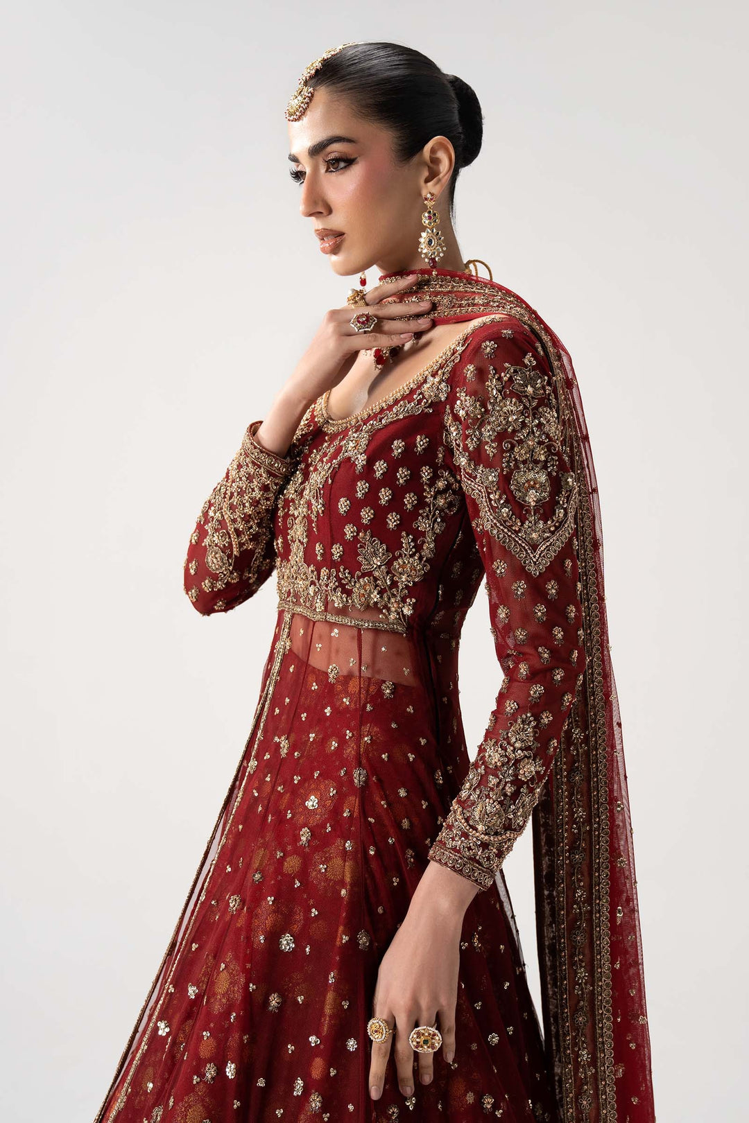 Stunning Pakistani Bridal Dress in Deep Red Pishwas Lehnga Style