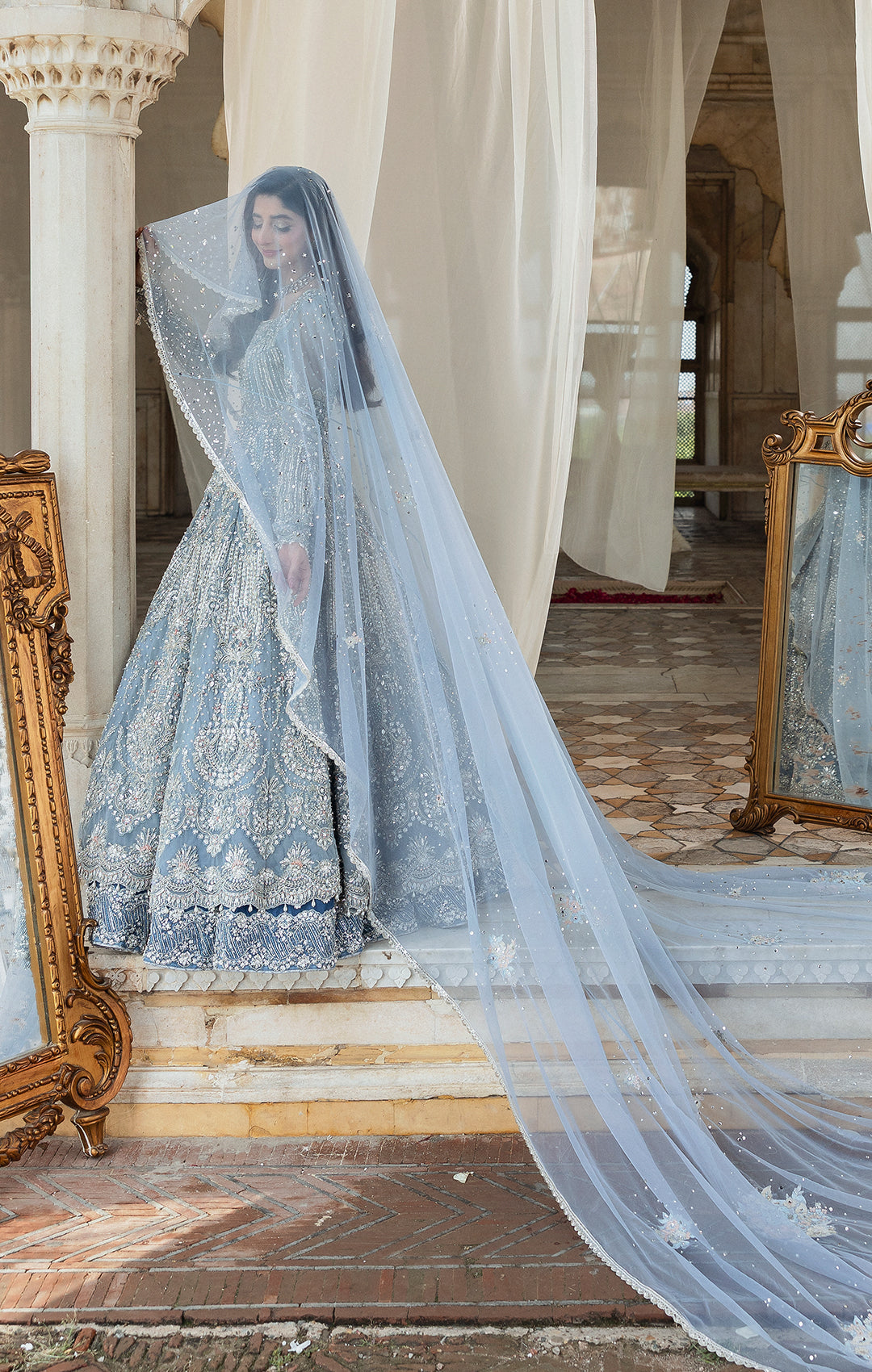 Stunning Pakistani Bridal Dress in Ice Blue Pishwas Lehnga Style