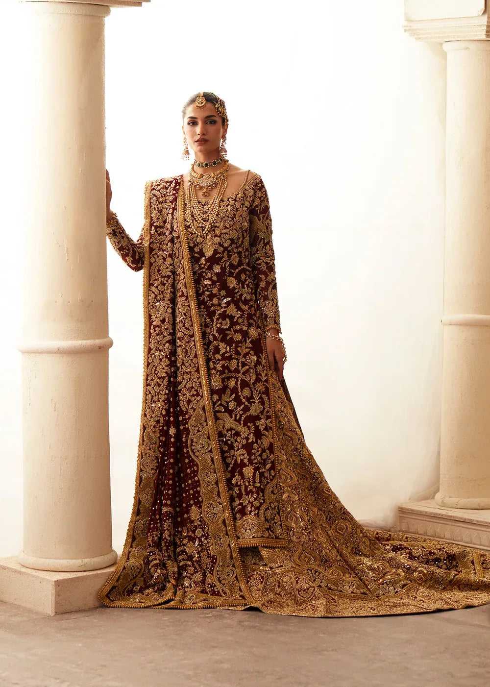 Stunning Pakistani Bridal Dress in Maroon Kameez Lehenga Style