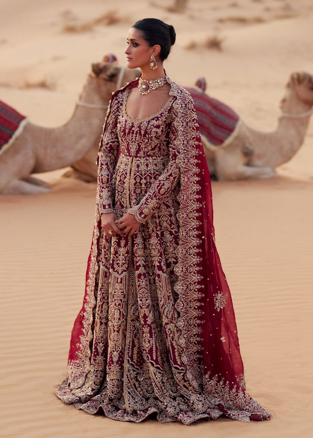 Stunning Pakistani Bridal Dress in Pishwas and Red Lehenga Style
