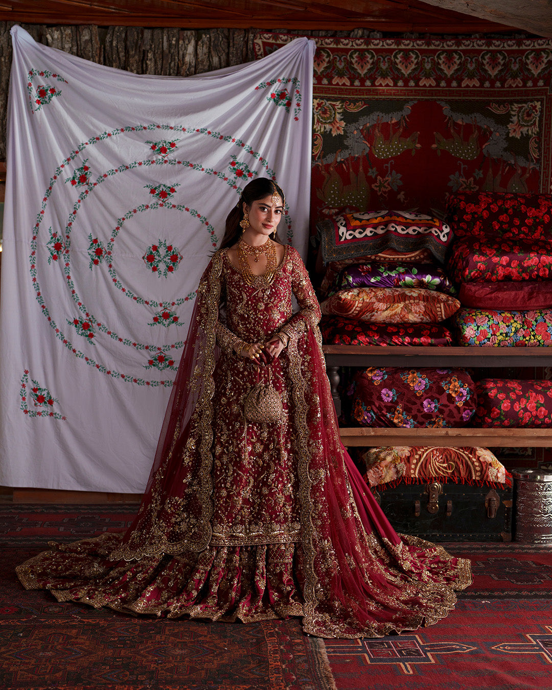 Stunning Pakistani Bridal Dress in Red Lehenga Kameez Style