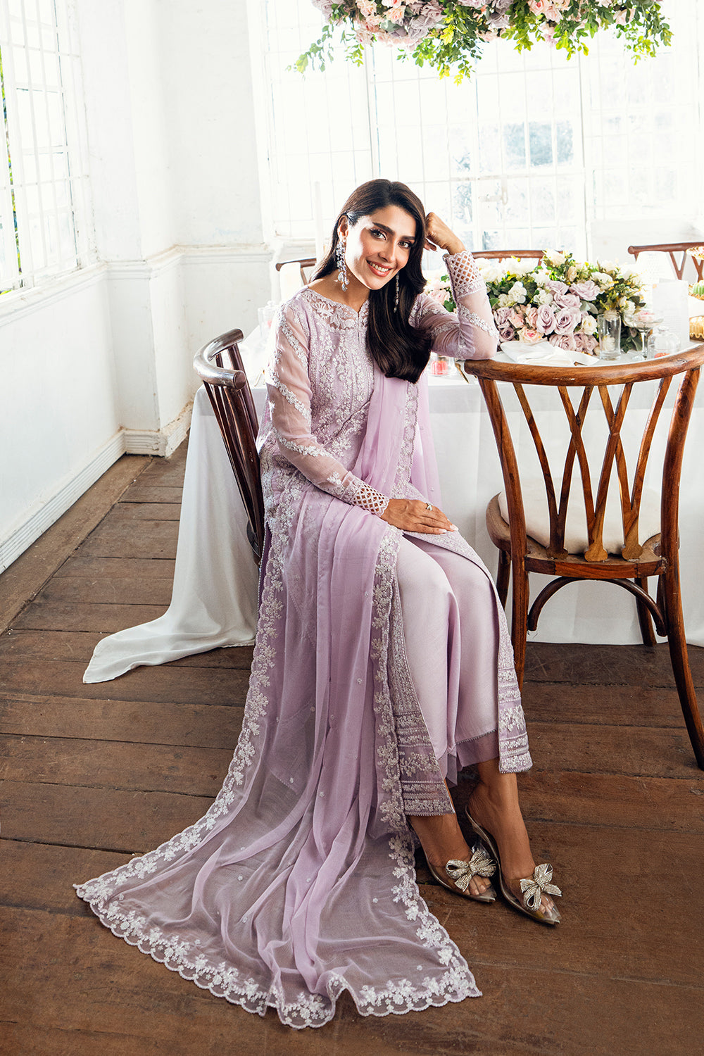 Elegant Lilac Sequins Embroidered Chiffon Pakistani Party Dress
