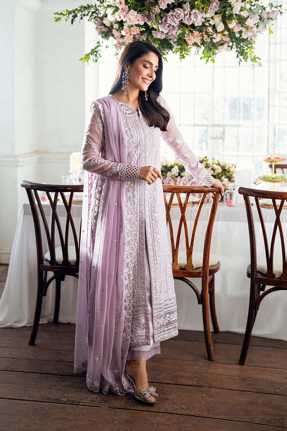 Elegant Lilac Sequins Embroidered Chiffon Pakistani Party Dress