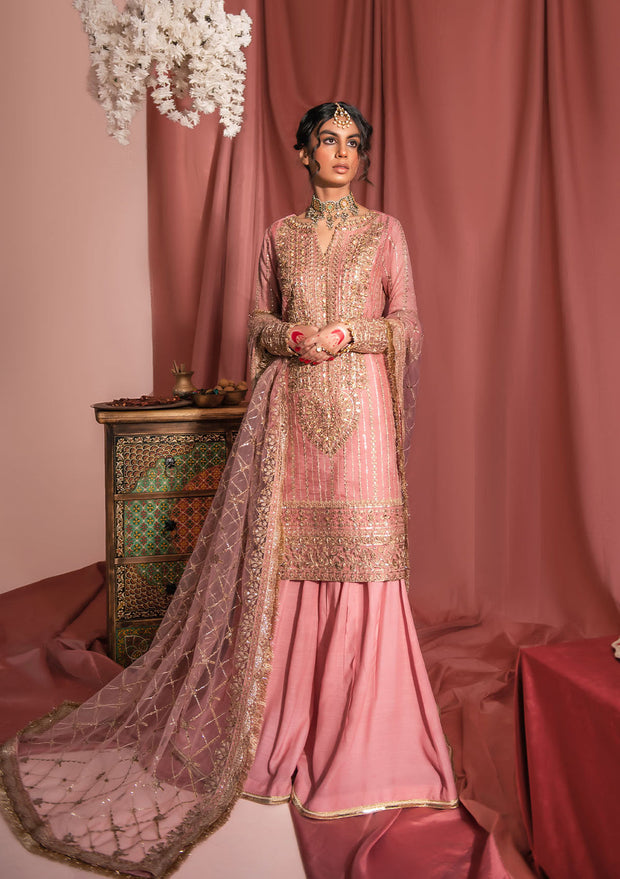 Tea Pink Embroidered Kameez Sharara Dupatta Pakistan Wedding Dress