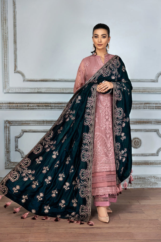 Tea Pink Embroidered Pakistani Long Frock with Dupatta Party Wear