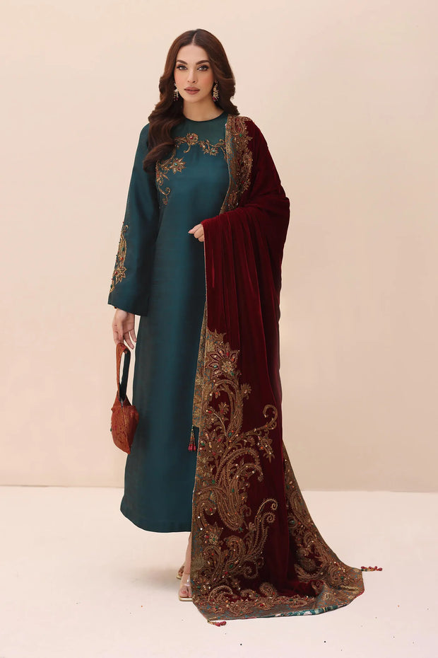 Teal Green Embroidered Pakistani Salwar Kameez with Velvet Shawl