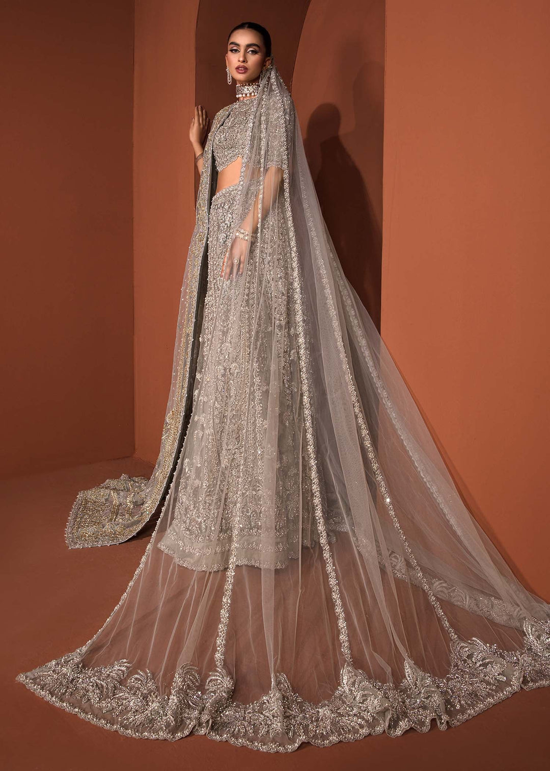 Teal Grey Lehenga Choli Dupatta Pakistani Bridal Dress Online