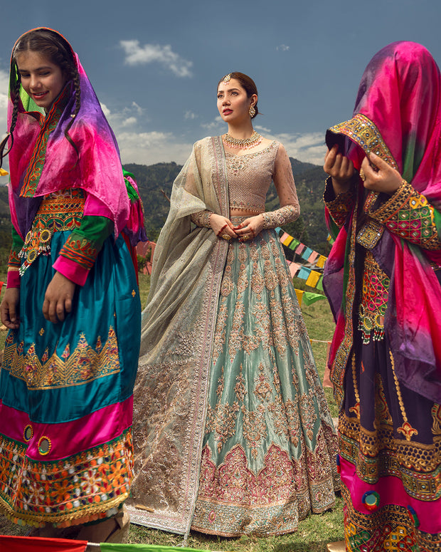 Tilla Embroidered Pakistani Bridal Dress Ice Blue Lehenga Choli For Women
