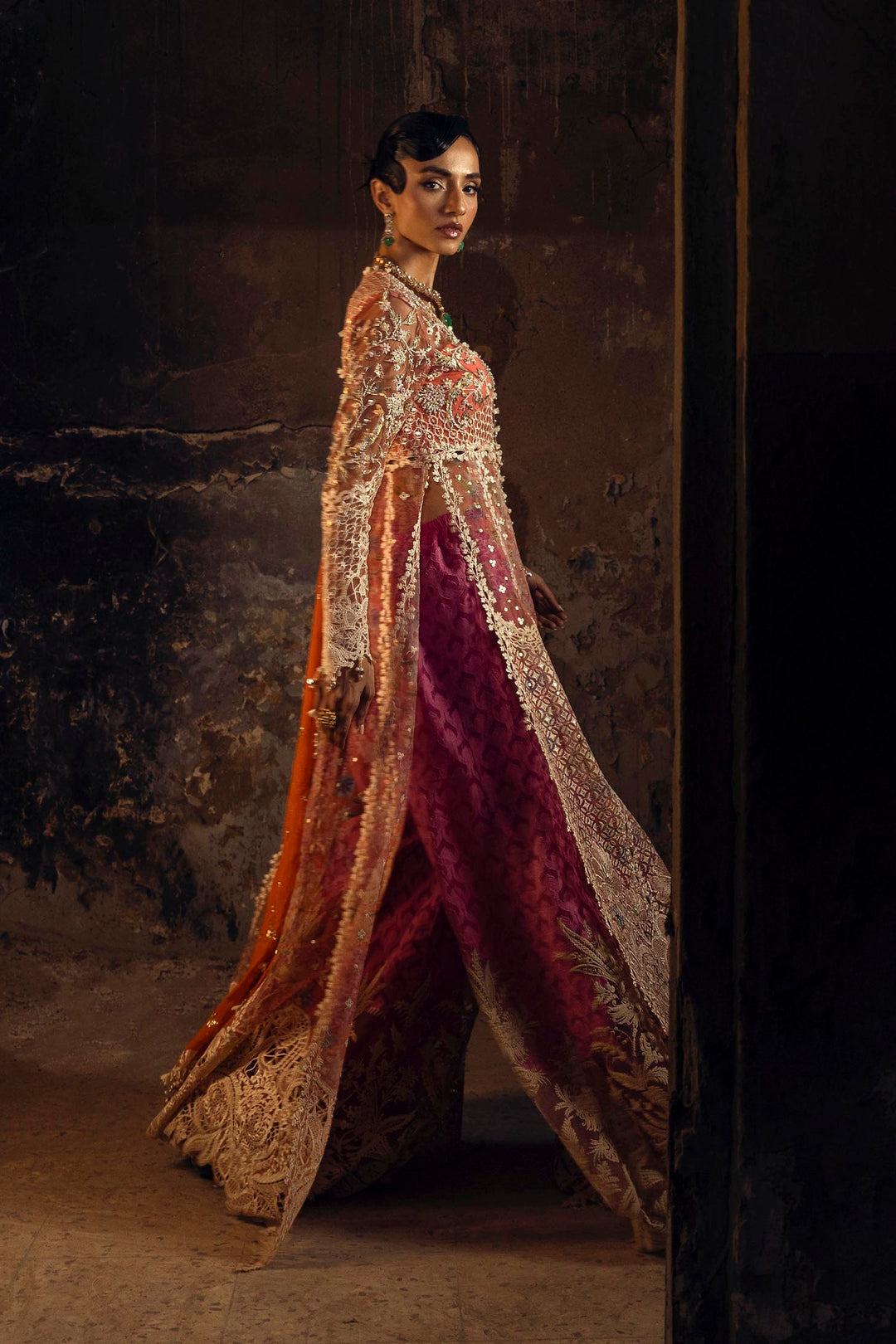 Peach & Fuchsia Embroidered Pakistani Party Dress